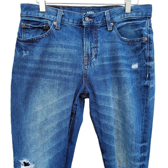 Men's Aero Slim Straight  Distressed Denim Blue Jeans Sz 30x32 - Picture 13 of 15